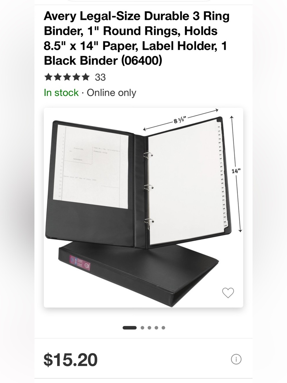Avery 4 Legal Binders, 1"
Round Rings (3), 175-Sheet Capacity, Black (6400)